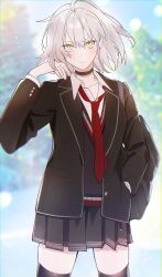 Rule 34 | 1girl, absurdres, ahoge, bag, black bag, black cardigan, black choker, black jacket, black skirt, black thighhighs, blush, cardigan, choker, closed mouth, collarbone, collared shirt, commentary request, fate/grand order, fate (series), floating hair, grey hair, hand in pocket, highres, jacket, jeanne d&#039;arc alter (fate), long sleeves, necktie, official alternate costume, open clothes, open jacket, pale skin, pleated skirt, pocket, red necktie, ryousuke (tukr5384), school bag, shirt, short hair, skirt, solo, thighhighs, white shirt, yellow eyes