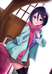 Rule 34 | 1girl, :d, black hair, black thighhighs, bleach, blue jacket, brown skirt, hair between eyes, hair ornament, hairclip, hand on own chest, highres, jacket, kuchiki rukia, long bangs, long sleeves, looking at viewer, maya nishino, open clothes, open jacket, open mouth, purple eyes, purple sweater, red scarf, ribbed sweater, scarf, short hair, skirt, smile, solo, suitcase, sweater, thighhighs