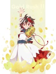 Rule 34 | 1girl, arm up, black hair, bow, bracelet, coin, commentary request, cone horns, dress, english text, gold, hand up, horns, jewelry, kijin seija, looking at viewer, mallet, multicolored hair, outstretched arm, outstretched hand, pointy ears, red eyes, sharp teeth, short hair, solo, sparkle, streaked hair, teeth, toropp, touhou, upside-down, white dress