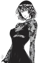 Rule 34 | 1girl, absurdres, artist name, breasts, commentary, dress, floral print, fubuki (one-punch man), greyscale, highres, long sleeves, looking at viewer, medium breasts, monochrome, mostlybluewyatt, one-punch man, parted lips, short hair, signature, simple background, smile, solo, upper body, white background