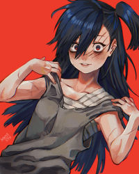 Rule 34 | 1girl, bad id, bad pixiv id, black hair, breasts, buddy (lisa), crazy eyes, female focus, hair between eyes, highres, lisa: the joyful, lisa (series), lisa the joyful, long hair, looking at viewer, parted lips, red background, red eyes, sarashi, scar, scar on face, shousan (hno3syo), simple background, small breasts, solo, spoilers, topknot