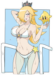 Rule 34 | 1girl, absurdres, arm behind head, bikini, blonde hair, blue background, blue eyes, blush, breasts, cleavage, crown, dripping, hair over eyes, heart, heart-shaped pupils, highres, large breasts, long hair, looking at viewer, luma (mario), mario (series), navel, nintendo, open mouth, outside border, railing, rosalina, simple background, smile, sparkle, star ornament, super mario galaxy, sweatdrop, swimsuit, symbol-shaped pupils, wet, white-stew, white bikini, wide hips