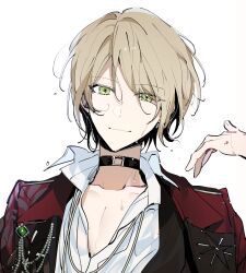 Rule 34 | 1boy, black choker, black jacket, blonde hair, choker, closed mouth, collared shirt, eichi turnr, ensemble stars!, green eyes, highres, jacket, looking at viewer, male focus, multicolored clothes, multicolored jacket, red jacket, shiratori aira (ensemble stars!), shirt, short hair, smile, solo, white background, white shirt