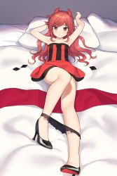 Rule 34 | 1girl, armpits, arms behind head, arms up, bare shoulders, bed, bed sheet, black panties, blush, breasts, chigusa asuha, closed mouth, collarbone, demon horns, dress, fake horns, high heels, horns, long hair, looking at viewer, lying, on back, on bed, panties, panty pull, pillow, qualidea code, red dress, red eyes, red hair, sekiya asami, small breasts, solo, underwear
