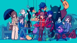 Rule 34 | 2others, 6+girls, :&gt;, animal ears, arm on thigh, bar stool, binder clip, blue eyes, blue hair, blue kimono, blue skirt, blue vest, blunt ends, bob cut, boots, braid, braided bangs, brown hair, brown shirt, car, chair, colored inner hair, colored tips, commentary request, couch, creature, crossed legs, disembodied limb, dress, facing away, fagun yibei, fish, fish tank, geta, green background, grey hair, hair bun, half-closed eyes, hand on own chin, hand to own mouth, hands in pockets, hanging light, hastur (kamitsubaki studio), highres, holding, holding umbrella, hood, hood down, jacket, japanese clothes, kamitsubaki studio, kimono, light bulb, long hair, long skirt, long sleeves, medium hair, motor vehicle, multicolored clothes, multicolored eyes, multicolored hair, multicolored skirt, multiple girls, multiple others, multiple persona, office chair, open clothes, open jacket, outstretched arms, picnic table, plant, purple dress, purple hair, rabbit ears, red eyes, red hair, red jacket, red skirt, rim (kamitsubaki studio), samishii hito (song), shirt, short dress, short hair, short sleeves, side braid, simple background, single hair bun, sitting, skirt, smile, songover, sparkle, spread arms, standing, stool, swept bangs, swivel chair, table, turtleneck, twintails, umbrella, vest, vines, virtual youtuber, wide shot, wide sleeves, yellow pupils