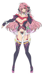 Rule 34 | 1girl, bare shoulders, black thighhighs, breasts, cleavage, detached sleeves, fingerless gloves, garter straps, gloves, headset, highleg, highres, long hair, looking at viewer, navel, open mouth, original, panties, pink eyes, pink hair, q azieru, red eyes, simple background, sketch, solo, standing, thighhighs, underwear, white background
