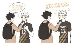 Rule 34 | !, 2boys, akaashi keiji, backpack, bag, black hair, black shorts, blue eyes, bokuto koutarou, brown jacket, claireiosity, couple, curly hair, english text, eyebrows, closed eyes, feeding, food, glasses, haikyuu!!, highres, holding, holding food, jacket, jersey, light blush, long sleeves, male focus, multicolored hair, multiple boys, short sleeves, shorts, sleeves past elbows, speech bubble, spiked hair, spoilers, sportswear, stitched, third-party edit, two-tone hair, volleyball uniform, white background, white hair, yaoi, yellow eyes