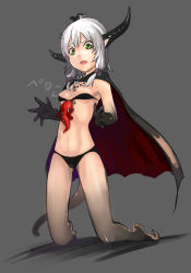 Rule 34 | 1girl, anger vein, angry, bad id, bad pixiv id, bikini, black bikini, breasts, cape, dragon, dragon girl, dragon tail, front-tie top, green eyes, horns, kneeling, monster girl, nipple slip, nipples, original, prototype-d, simple background, small breasts, solo, swimsuit, tail, twintails, wardrobe malfunction, white hair