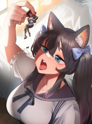 Rule 34 | 2girls, animal ear fluff, black hair, black sailor collar, blue bow, blue eyes, bow, cat girl, colored tips, commission, female focus, giant, giantess, hair bow, highres, imminent vore, kkasi00, multicolored hair, multiple girls, open mouth, original, purple hair, red hair, sailor collar, saliva trail, sidelocks, size difference, teeth, tongue, tongue out, vore