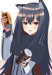 Rule 34 | 1girl, :d, animal ear fluff, animal ears, arknights, black capelet, black hair, blouse, blush, brown background, brown eyes, can, canned coffee, capelet, coffee can, drink can, highres, holding, kuwan4971, long hair, long sleeves, looking at viewer, multicolored hair, open mouth, red hair, shirt, sidelocks, smile, solo, straight hair, texas (arknights), two-tone background, two-tone hair, very long hair, white background, white shirt, wolf ears