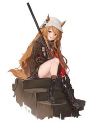 Rule 34 | 1girl, absurdres, animal ears, arknights, black footwear, black shorts, black socks, boots, braid, brown hair, brown jacket, ceobe (arknights), ceobe (unfettered) (arknights), chain, dog ears, dog girl, dog tail, ears through headwear, faldeus, hat, highres, holding, holding polearm, holding weapon, jacket, long sleeves, looking at viewer, official alternate costume, open mouth, polearm, red eyes, shorts, side braids, simple background, sitting, socks, stairs, tail, thighs, weapon, white background, white hat