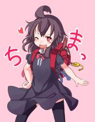 Rule 34 | 1girl, backpack, bag, black dress, black thighhighs, blush, bow, bowtie, brown hair, commentary request, cowboy shot, crime prevention buzzer, dress, fangs, furorina, hand on own hip, heart, houjuu nue, one eye closed, open mouth, pink background, randoseru, red bow, red bowtie, red eyes, short hair, short sleeves, simple background, solo, thighhighs, touhou, v-shaped eyebrows, zettai ryouiki