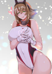 Rule 34 | 10s, 1girl, :p, absurdres, bare shoulders, breasts, bright pupils, brown hair, competition swimsuit, female focus, gloves, green eyes, groin, heart, highres, kantai collection, large breasts, mutsu (battleship), mutsu (kancolle), niu ju (orange bull), one-piece swimsuit, otzer, penetration gesture, short hair, solo, swimsuit, thighs, tongue, tongue out, white gloves, wide hips