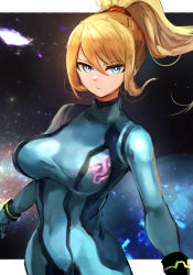 Rule 34 | 1girl, blonde hair, blue bodysuit, blue eyes, bodysuit, breasts, closed mouth, commentary request, hatano kiyoshi, high ponytail, highres, large breasts, long hair, looking at viewer, metroid, nintendo, samus aran, skin tight, solo, space, zero suit