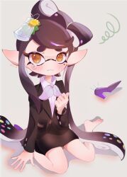 Rule 34 | 1girl, arm up, barefoot, black hair, black skirt, black suit, blush, bow-shaped hair, callie (splatoon), closed mouth, commentary request, eyelashes, formal, grey background, highres, inkling, long hair, merute spla, mole, mole under eye, nintendo, pencil skirt, pointy ears, see-through bowtie, short eyebrows, simple background, sitting, skirt, solo, splatoon (series), splatoon 3, star-shaped pupils, star (symbol), suit, symbol-shaped pupils, tearing up, tentacle hair, thick eyebrows, very long hair, wariza, wavy mouth, yellow eyes