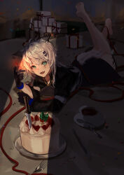 Rule 34 | 1girl, :d, animal ears, arknights, barefoot, black gloves, black jacket, blue eyes, box, cake, commentary request, cup, fang, fire, food, gift, gift box, gloves, highres, holding, jacket, knife, lappland (arknights), leg up, lighter, long sleeves, looking at viewer, lying, maria (syake-uni), on stomach, open mouth, saucer, smile, soles, solo, spoon, tail, tea, teacup, the pose