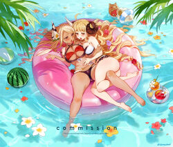 Rule 34 | 2girls, after kiss, anila (granblue fantasy), ass, bare legs, barefoot, bikini, blonde hair, blush, breasts, cleavage, commission, dark-skinned female, dark skin, draph, eye contact, food, fruit, granblue fantasy, hand on another&#039;s stomach, horns, innertube, kumbhira (granblue fantasy), large breasts, long hair, looking at another, multiple girls, partially submerged, saliva, saliva trail, sheep, sheep horns, short eyebrows, sumustard, swim ring, swimsuit, thick eyebrows, tongue, tongue out, very long hair, water, watermelon, yuri