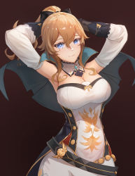 Rule 34 | 1girl, absurdres, armpits, arms up, bare shoulders, belt, black belt, black bow, black gloves, blonde hair, blue eyes, bow, breasts, brown background, cleavage, commentary request, detached sleeves, genshin impact, gloves, hair between eyes, hair bow, highres, jean (genshin impact), large breasts, long hair, looking at viewer, ponytail, shirt, simple background, smile, solo, strapless, strapless shirt, upper body, white shirt, yepo