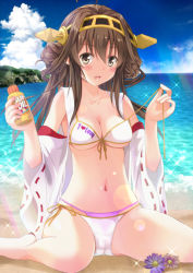 Rule 34 | 10s, 1girl, beach, bikini, blush, bottle, breasts, brown eyes, brown hair, cameltoe, cleavage, day, detached sleeves, flower, front-tie top, hairband, kantai collection, kongou (kancolle), layered bikini, lens flare, long hair, looking at viewer, lotion, medium breasts, navel, open mouth, personification, ribbon-trimmed sleeves, ribbon trim, shiny skin, sitting, solo, swimsuit, swimsuit under swimsuit, takanashi haruto, untied, wariza