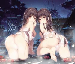 Rule 34 | 2girls, ass, barefoot, blush, breasts, brown hair, convenient censoring, flower, from behind, highres, large breasts, long hair, looking at viewer, miyase mahiro, multiple girls, night, night sky, nipples, non-web source, original, outdoors, red eyes, red flower, siblings, sky, smile, steam, steam censor, thighs, towel, twins, wading, water