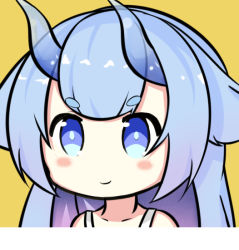 Rule 34 | 1girl, azur lane, bare shoulders, blue eyes, blue hair, blush, closed mouth, collarbone, horns, i-13 (azur lane), long hair, looking at viewer, nagato-chan, portrait, short eyebrows, sidelocks, simple background, smile, solo, thick eyebrows, transparent, translucent horns, yellow background