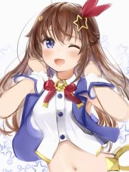 Rule 34 | 1girl, :d, bad id, bad pixiv id, blush, bow, brown hair, gloves, hair bow, hair ornament, hands up, highres, hololive, long hair, looking at viewer, midriff, nanashi (nlo), navel, neck ribbon, one eye closed, open mouth, purple eyes, purple vest, red ribbon, ribbon, shirt, smile, solo, star (symbol), star hair ornament, tokino sora, tokino sora (1st costume), upper body, vest, virtual youtuber, white shirt