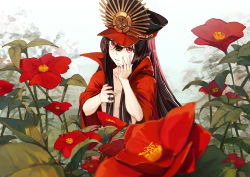 Rule 34 | 1girl, absurdres, black hair, black hat, breasts, cape, convenient arm, crest, family crest, fate/grand order, fate (series), field, flower, flower field, hat, highres, koha-ace, long hair, naked cape, oda nobunaga (fate), oda nobunaga (koha-ace), oda uri, peaked cap, red cape, red eyes, red flower, small breasts, solo, very long hair, zuihou de miao pa si