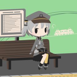 Rule 34 | 1girl, bench, black skirt, blush, chibi, cobalta, grey hair, hat, looking at viewer, parted lips, pleated skirt, rail romanesque, short hair, sitting, skirt, solo, train