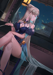 Rule 34 | 1girl, bare shoulders, blazpu, blue dress, breasts, cleavage, crossed legs, dress, genshin impact, grin, hair flowing over, hair ornament, hair tassel, hairpin, highres, holding, holding smoking pipe, large breasts, long hair, looking to the side, ningguang (genshin impact), ningguang (orchid&#039;s evening gown) (genshin impact), parted bangs, red eyes, sidelocks, sitting, smile, smoking pipe, solo, tassel, tassel hair ornament, vision (genshin impact), white hair