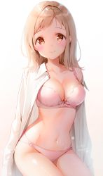 Rule 34 | 1girl, alternate costume, blush, bow, bow bra, bow panties, bra, breasts, brown eyes, cleavage, closed mouth, collarbone, collared shirt, commentary request, dress shirt, highres, idolmaster, idolmaster shiny colors, kinako (shiratama mochi), light brown hair, long hair, long sleeves, looking at viewer, medium breasts, navel, off shoulder, open clothes, open shirt, panties, pink bra, pink panties, sakuragi mano, shirt, signature, simple background, smile, solo, stomach, twitter username, underwear, white shirt