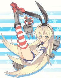 Rule 34 | 10s, 1girl, anchor, bad id, bad pixiv id, black panties, blade (galaxist), blonde hair, blush, boots, elbow gloves, gloves, grey footwear, hair ornament, hairband, highleg, highleg panties, kantai collection, legs up, lifebuoy, long hair, looking at viewer, navel, panties, personification, rensouhou-chan, shimakaze (kancolle), skirt, solo, striped clothes, striped thighhighs, swim ring, thighhighs, underwear, white gloves, yellow eyes