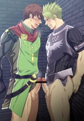 Rule 34 | 2boys, achilles (fate), against wall, armor, blonde hair, blush, bottomless, brown hair, censored, erection, facial hair, fate (series), frottage, grin, hector (fate), highres, izukonohito, male focus, multiple boys, naughty face, penis, pubic hair, smile, steam, sweat, testicles, yaoi