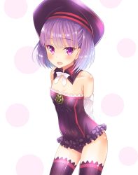 Rule 34 | 1girl, arms behind back, bare shoulders, beret, black leotard, black thighhighs, blush, detached collar, detached sleeves, fate/grand order, fate (series), hat, helena blavatsky (fate), highres, leotard, open mouth, purple eyes, purple hair, purple thighhighs, short hair, smile, solo, strapless, strapless leotard, thighhighs, uonuma yuu