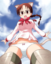 Rule 34 | 1girl, animal ears, bottomless, bow, bow panties, braid, breasts, cat ears, cat tail, crossover, glasses, hoshina tomoko, large breasts, no pants, panties, parody, school uniform, serafuku, solo, strike witches, striker unit, tail, to heart, to heart (series), underwear, world witches series, yuuki shin&#039;ichi
