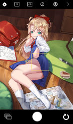 Rule 34 | 1girl, :3, ass, blonde hair, blue eyes, blush, board game, bow, cake, closed mouth, clothes lift, feet, food, hair bow, hair ornament, highres, himesaka noa, lifting own clothes, looking at viewer, no shoes, on floor, red bow, school uniform, skirt, skirt lift, smile, socks, solo, watashi ni tenshi ga maiorita!, white socks, whitecrow4444, wooden floor