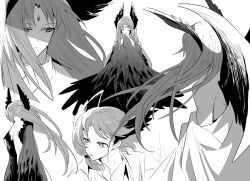Rule 34 | 1boy, aged down, arknights, closed eyes, closed mouth, collared shirt, covering own mouth, expressionless, facing away, facing viewer, feathered wings, feet out of frame, forehead jewel, from behind, from side, hair ribbon, head wings, iwashi 80, jacket, long hair, looking to the side, male focus, multiple views, nude, parted bangs, parted lips, passenger (arknights), ribbon, shirt, simple background, topless male, tress ribbon, upper body, white background, winged arms, wings