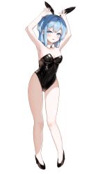 Rule 34 | 1girl, absurdres, animal ears, armpits, arms up, black leotard, blue eyes, blue hair, blush, breasts, cleavage, fake animal ears, full body, goddess of victory: nikke, hair intakes, high heels, highleg, highleg leotard, highres, leotard, long hair, medium breasts, pigeon-toed, playboy bunny, rabbit ears, rabbit pose, shifty (nikke), short sidetail, side ponytail, simple background, solo, standing, strapless, strapless leotard, white background, yomining
