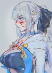 Rule 34 | 1girl, black dress, blood, blood on clothes, blood on face, blue choker, blue eyes, blue lips, bow, braid, breasts, choker, cleavage, commentary, dress, english commentary, fate/grand order, fate (series), french braid, from side, grey background, grey hair, hair bow, kulissara-aung, large breasts, lips, lipstick, long hair, makeup, morgan le fay (fate), ponytail, profile, simple background, solo, twitter username, two-tone dress, very long hair, white dress