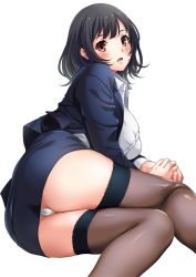 Rule 34 | 10s, 1girl, ass, black hair, breasts, huge ass, jpeg artifacts, kantai collection, large breasts, looking at viewer, lying, military, military uniform, on side, open mouth, panties, pantyshot, red eyes, sakiyamama, short hair, skirt, solo, takao (kancolle), thighhighs, underwear, uniform, white background
