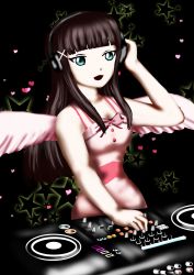 Rule 34 | 1girl, adjusting headphones, angel wings, aqua eyes, artist name, artist request, bare shoulders, black background, black hair, blunt bangs, bow, bowtie, breasts, buttons, collarbone, dress, female focus, green eyes, hair ornament, half-closed eyes, headphones, heart, heart (symbol), highres, hime cut, kurosawa dia, long hair, looking at viewer, love live!, love live! sunshine!!, miniskirt, mole, mole under mouth, pink bow, pink dress, pink skirt, plaid, plaid dress, plaid skirt, pleated, pleated dress, pleated skirt, sirjonesiii, skirt, sleeveless, sleeveless dress, small breasts, solo, star (symbol), star print, white wings, wings, x hair ornament