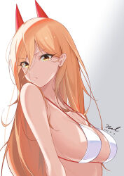 Rule 34 | + +, 1girl, alternate breast size, bikini, blush, breasts, chainsaw man, cleavage, dated, demon horns, gradient background, hair between eyes, highres, horns, long hair, looking at viewer, medium breasts, power (chainsaw man), signature, simple background, solo, straight hair, swimsuit, unel, upper body, very long hair, white background, white bikini