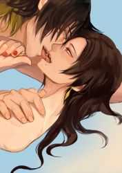 Rule 34 | 10s, 2boys, androgynous, blonde hair, blue background, brown hair, earrings, eye contact, facial hair, french kiss, grabbing another&#039;s chin, gradient background, hand on another&#039;s shoulder, hiki yuichi, jewelry, kashuu kiyomitsu, kiss, long hair, looking at another, male focus, mole, mole under mouth, multicolored hair, multiple boys, nagasone kotetsu, nail polish, nude, personification, red eyes, red nails, simple background, smile, touken ranbu, two-tone hair, yaoi, yellow eyes