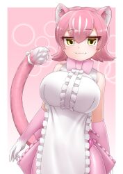 Rule 34 | 1girl, :3, apron, bare shoulders, blush, bow, bowtie, center frills, cowboy shot, dress, elbow gloves, extra ears, frilled apron, frilled skirt, frills, gloves, hair between eyes, highres, kemono friends, looking at viewer, panther ears, panther girl, panther tail, peach panther (kemono friends), pink bow, pink bowtie, pink gloves, pink hair, pink skirt, pleated skirt, short hair, sidelocks, skirt, sleeveless, smile, solo, tail, tail bow, tail ornament, white apron, white dress, yellow eyes, yonkuron