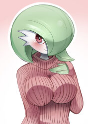 Rule 34 | 1girl, absurdres, blush, bob cut, breasts, bright pupils, closed mouth, clothed pokemon, creatures (company), female focus, game freak, gardevoir, gen 3 pokemon, gradient background, green hair, hair over one eye, hand on own chest, hand up, happy, highres, impossible clothes, large breasts, long sleeves, looking at viewer, nintendo, one eye covered, outline, pokemon, pokemon (creature), red background, red eyes, red sweater, ribbed sweater, short hair, simple background, smile, solo, sweater, turtleneck, turtleneck sweater, upper body, white outline, white pupils, yasu korejo