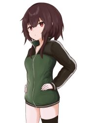Rule 34 | 1girl, absurdres, black jacket, black thighhighs, borrowed clothes, breasts, brown hair, closed mouth, commentary, contemporary, cowboy shot, english commentary, expressionless, green jacket, hair between eyes, hands on own hips, highres, jacket, kono subarashii sekai ni shukufuku wo!, looking at viewer, megumin, mikoscrub, multicolored clothes, multicolored jacket, no pants, open clothes, open jacket, popped collar, red eyes, short hair, short hair with long locks, simple background, single thighhigh, small breasts, solo, standing, thighhighs, two-tone jacket, white background, zettai ryouiki