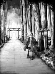 Rule 34 | 1girl, absurdres, ahoge, commentary, full body, greyscale, hair ornament, highres, jacket, lantern, looking at viewer, monochrome, outdoors, road, sasasa (nashi), short hair with long locks, sleeves past fingers, sleeves past wrists, smile, torii, tree, vocaloid, voiceroid, wide shot, wooden lantern, yuzuki yukari