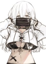 Rule 34 | 1girl, bad id, bad twitter id, bikini, bikini under clothes, black choker, black mask, black nails, bodypaint, breasts, choker, cleavage, commentary, cropped hoodie, cross, ear piercing, fuyu yafunu, grey eyes, hair between eyes, highres, hood, hood down, hoodie, jewelry, large breasts, long hair, long sleeves, looking at viewer, mask, mask pull, mouth mask, nail polish, original, piercing, simple background, solo, swimsuit, symbol-only commentary, symbol-shaped pupils, upper body, white background, white hair, white hoodie, x-shaped pupils