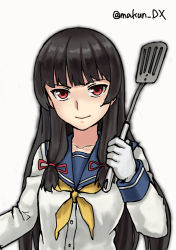 Rule 34 | 1girl, black hair, collarbone, commentary request, gloves, hair ribbon, isokaze (kancolle), kantai collection, long hair, long sleeves, looking at viewer, maakun (makun dx), neckerchief, one-hour drawing challenge, red eyes, ribbon, school uniform, serafuku, simple background, solo, spatula, tress ribbon, white background, white gloves, yellow neckerchief