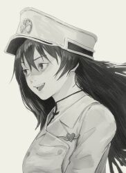 Rule 34 | 1girl, absurdres, bambietta basterbine, bleach, breasts, brooch, commentary, hat, highres, jacket, jewelry, long hair, medium breasts, military hat, military jacket, military uniform, open mouth, peaked cap, portrait, smile, solo, tom-box, uniform, wandenreich uniform