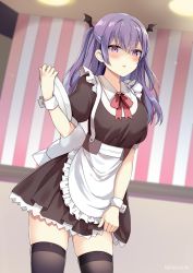 Rule 34 | 1girl, apron, artist name, blush, breasts, brown dress, dress, hair between eyes, highres, holding, holding tray, indoors, kaetzchen, long hair, looking at viewer, maid, maid headdress, open mouth, original, puffy short sleeves, puffy sleeves, purple eyes, purple hair, short sleeves, sidelocks, skindentation, solo, thighhighs, tray, two side up, waist apron, wrist cuffs, zettai ryouiki